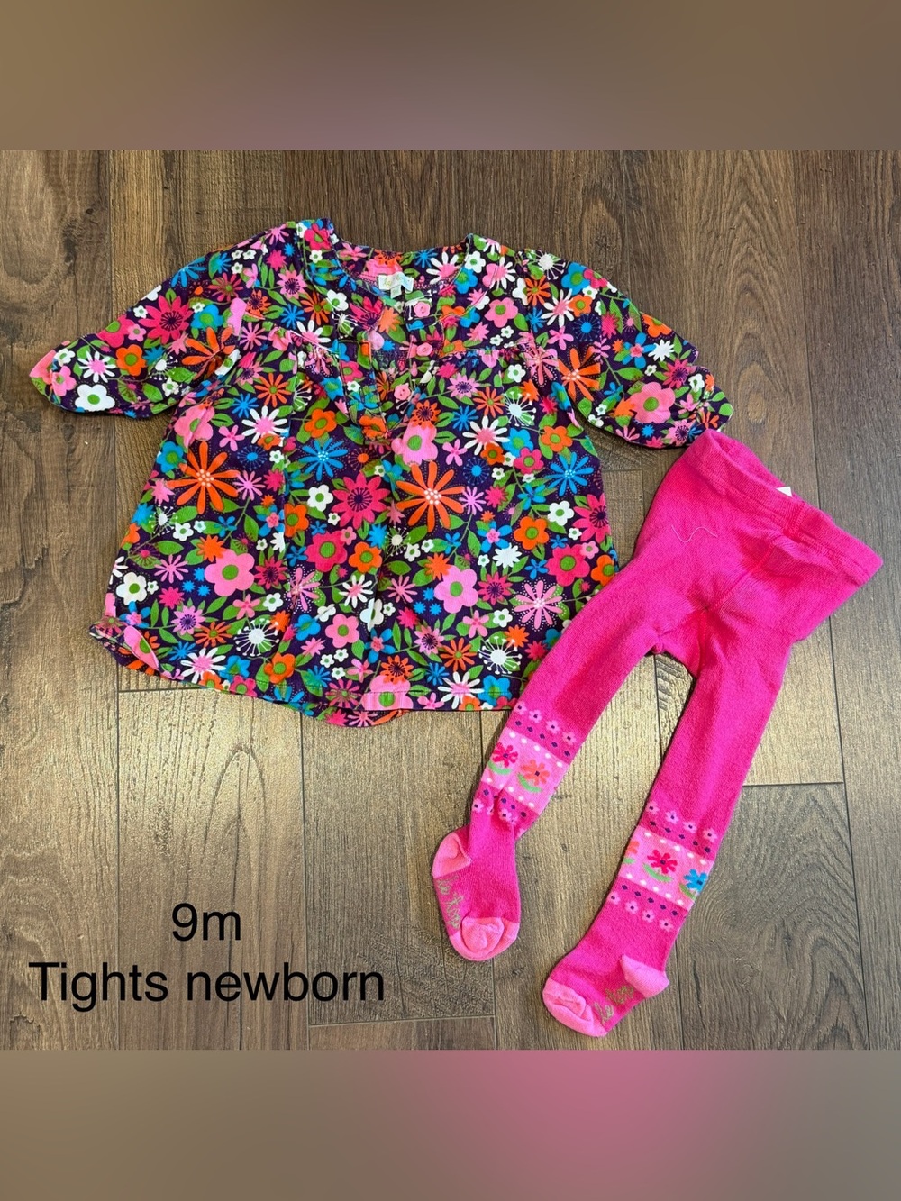 Le Top Bright Floral Baby tunic with Pink Tights